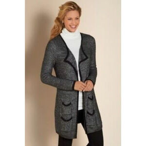 Soft Surroundings Open Front Long Line Cardigan Sweater Sz L Black Pockets Soft